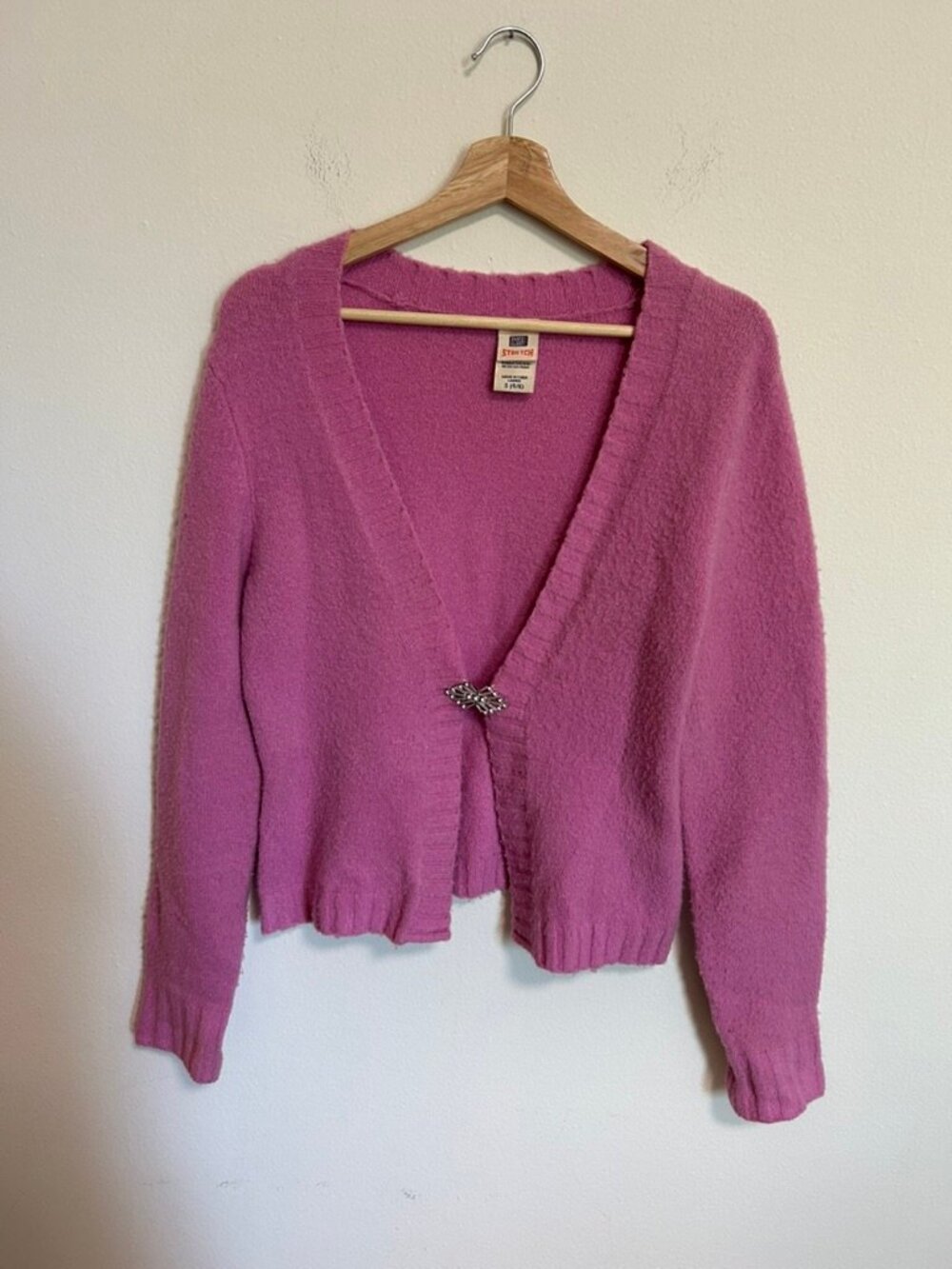Faded Glory Stretch Comfortable Fuzzy Pink Sweater Cardigan Button Sz S EUC